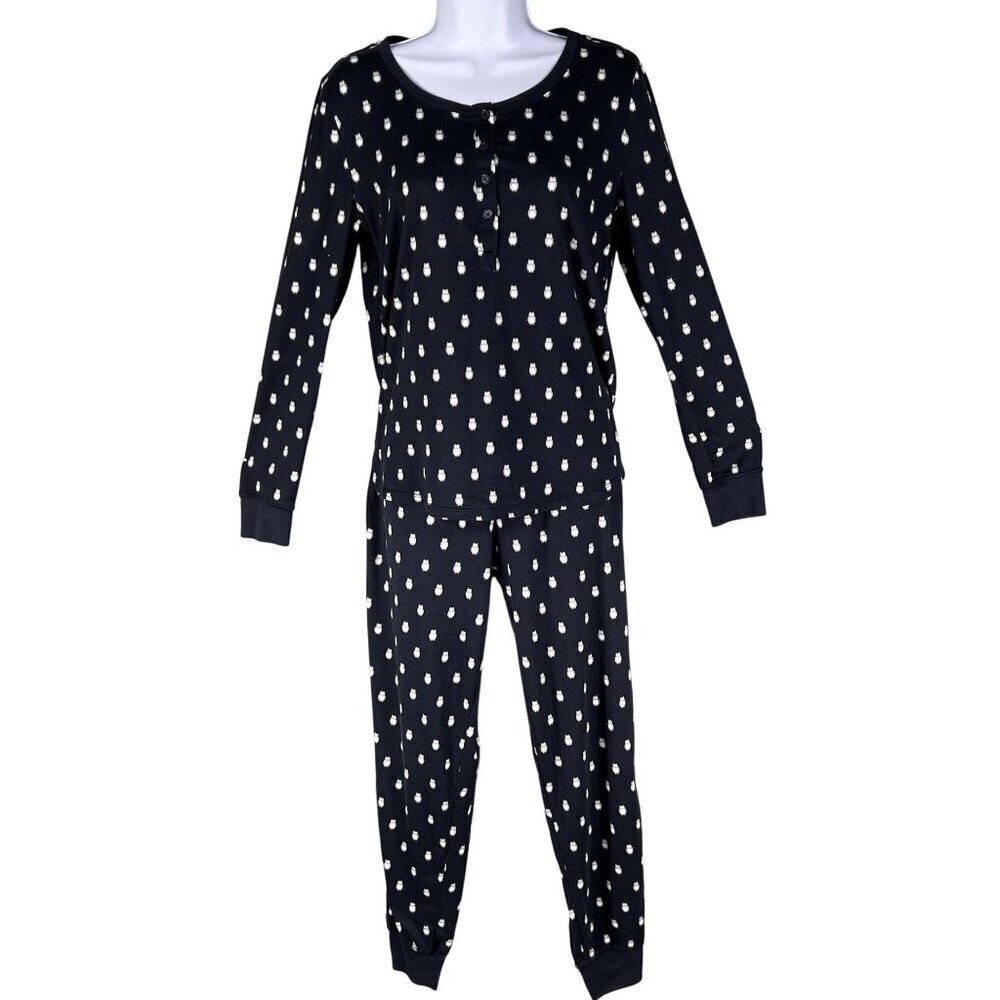 Kate Spade Womens S Navy Blue Owl Henley Jogger Pj Set Long Sleeves Button Front